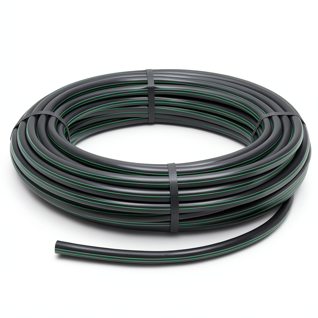 لفة أنابيب HDPE ضغط 4 بار PE 63 قطر خارجي 140 مم SDR 26 أسود مع خطوط خضراء