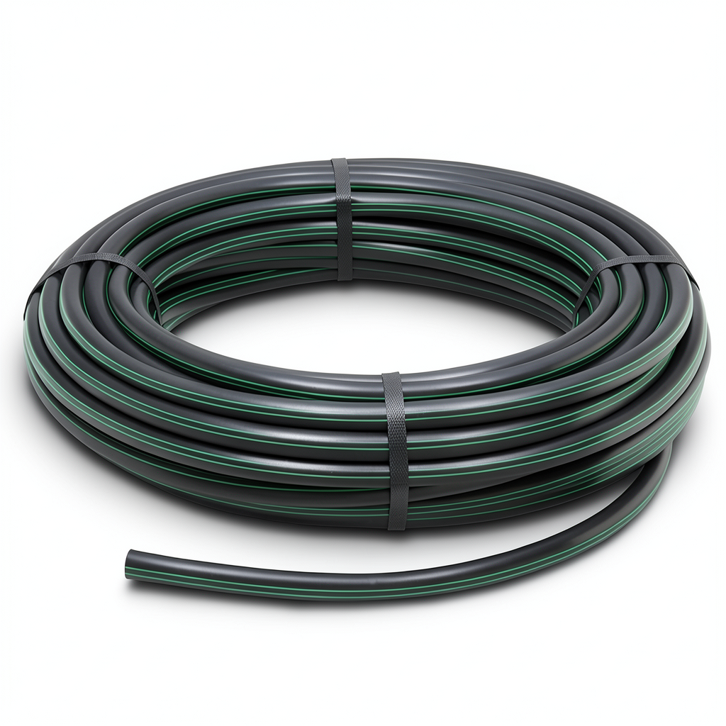 لفة أنابيب HDPE ضغط 4 بار PE 63 قطر خارجي 160 مم SDR 26 أسود مع خطوط خضراء