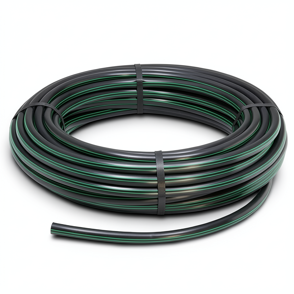 لفة أنابيب بلاستيك HDPE ضغط 6 بار PE 63 قطر خارجي 32 مم SDR 17.6 أسود مع خطوط خضراء