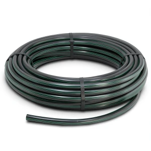 لفة أنابيب HDPE ضغط 6 بار PE 63، قطر خارجي 40 مم SDR 17.6 أسود مع خط أخضر
