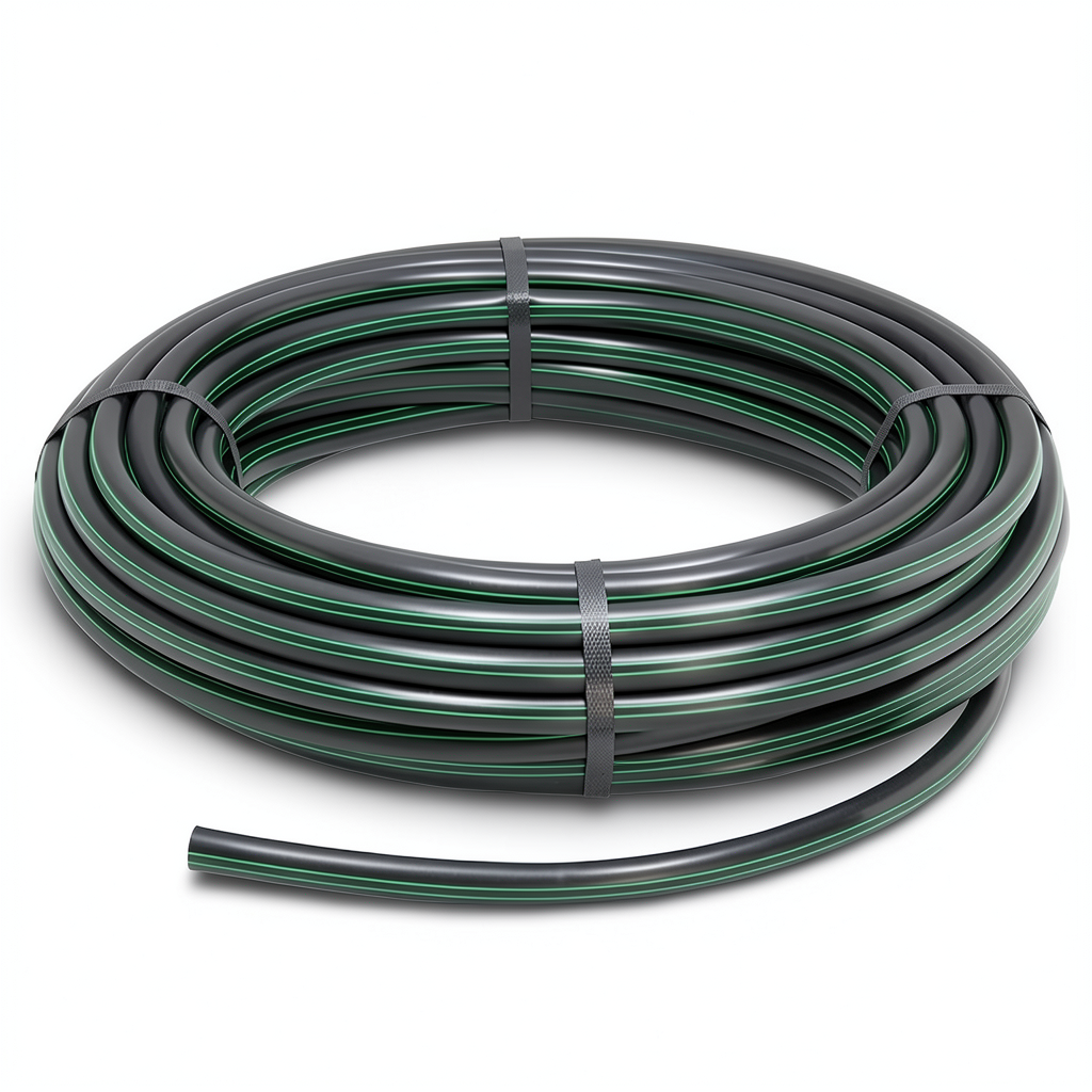 لفة أنابيب بلاستيك HDPE ضغط 6 بار PE 63 قطر خارجي 63 مم SDR 17.6 أسود مع خطوط خضراء