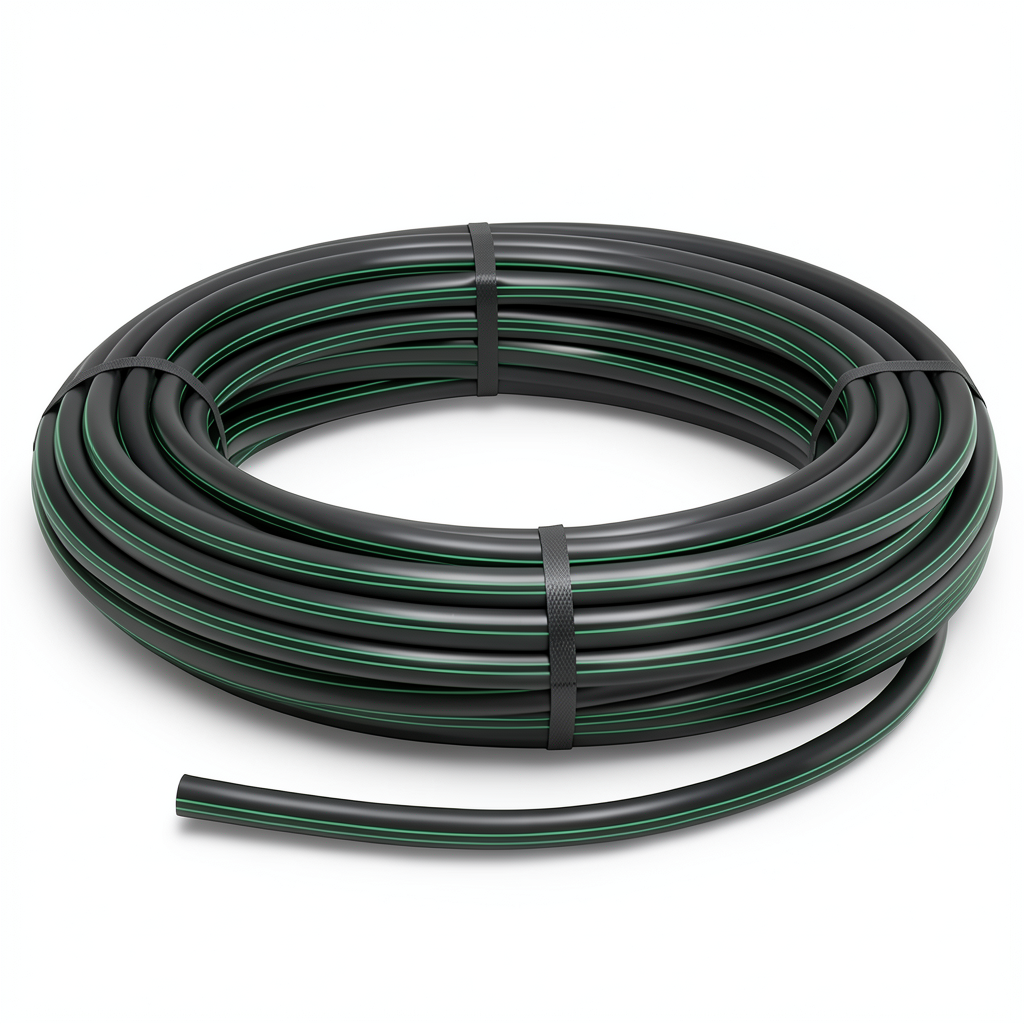 لفة أنابيب HDPE ضغط 6 بار PE 63، قطر خارجي 90 مم SDR 17.6 لون أسود مع خط أخضر