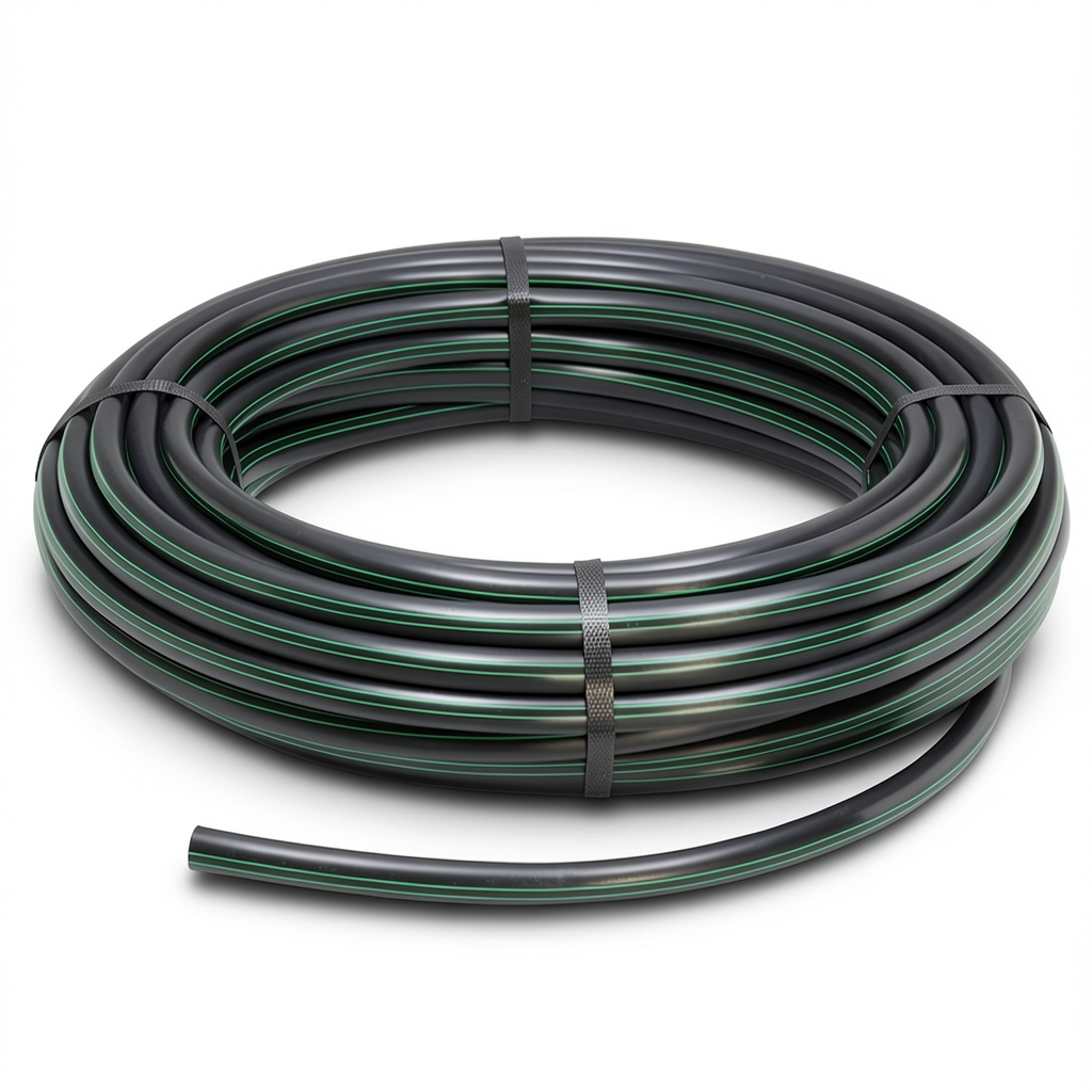 HDPE Plastic Coil Pipe PN 6 Bar PE 63 OD 125 mm SDR 17.6 Black with Green Stripes
