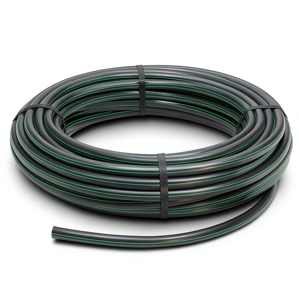 لفة أنابيب HDPE ضغط 10 بار PE 63 قطر خارجي 40 مم SDR 11 أسود مع خطوط خضراء