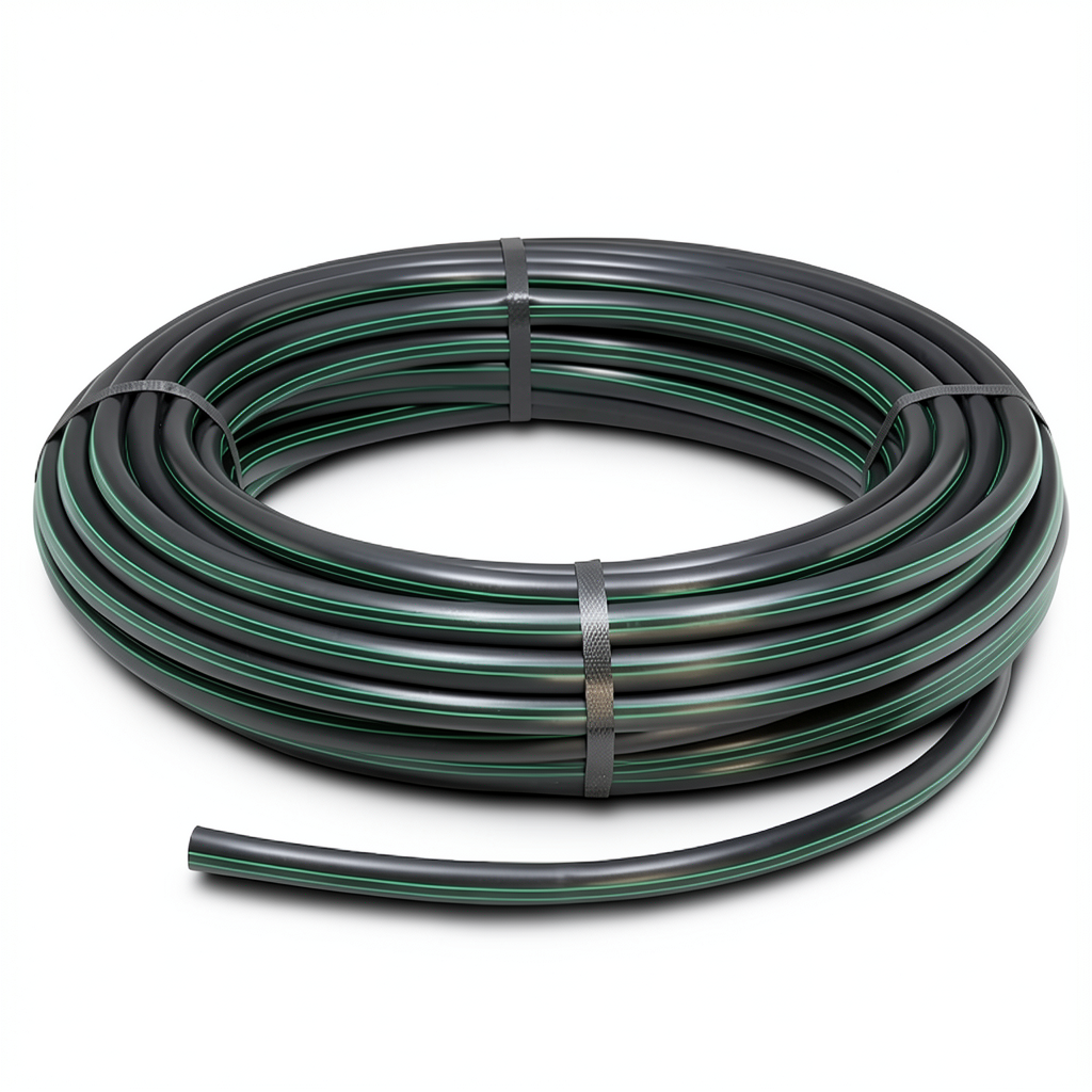 HDPE Plastic Coil Pipe PN 10 Bar PE 63 OD 75 mm SDR 11 Black with Green Stripes