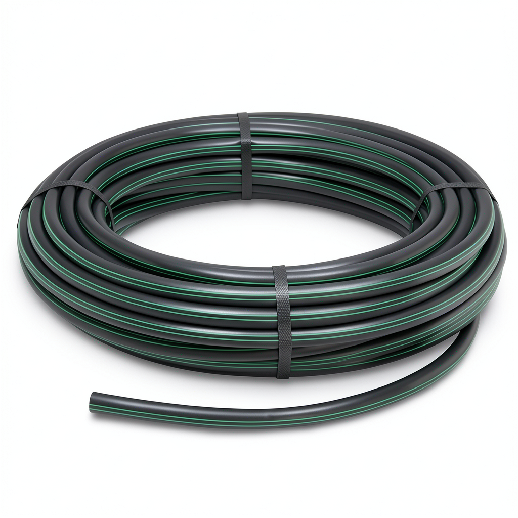 لفة أنابيب HDPE ضغط 10 بار [PE 63] قطر خارجي 90 مم SDR 11 أسود مع خط أخضر