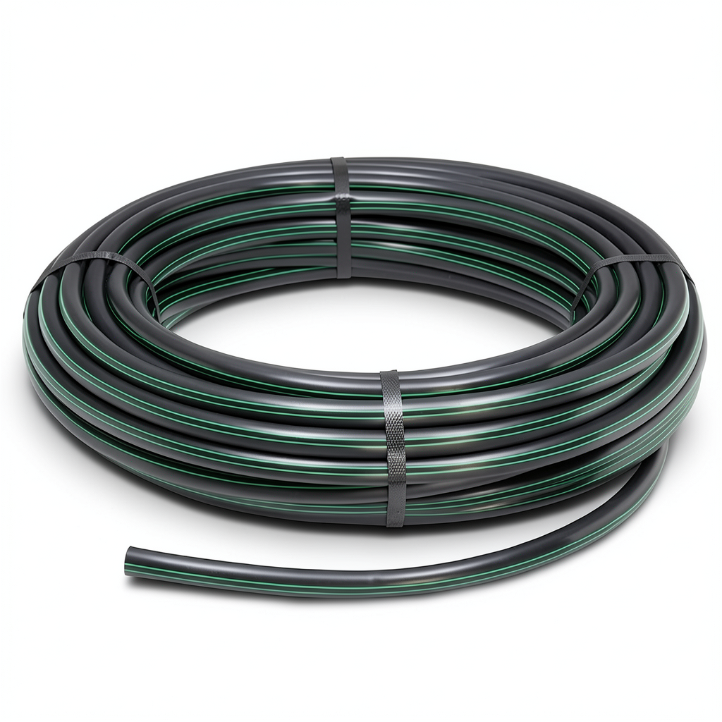 لفة أنابيب بلاستيك HDPE ضغط 10 بار PE63 قطر خارجي 140 مم SDR 11 أسود مع خطوط خضراء
