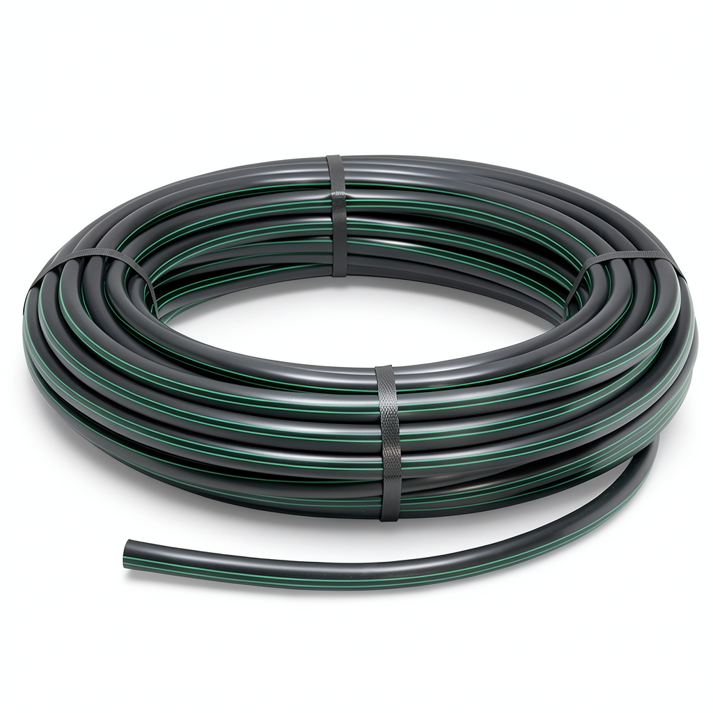 لفة أنابيب بلاستيك HDPE ضغط 10 بار PE 63 قطر خارجي 160 مم SDR 11 أسود مع خطوط خضراء