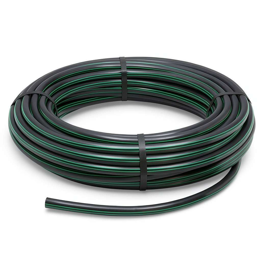 لفة أنابيب HDPE ضغط 15.9 بار PE 63 قطر خارجي 40 مم SDR 7.4 أسود مع خطوط خضراء