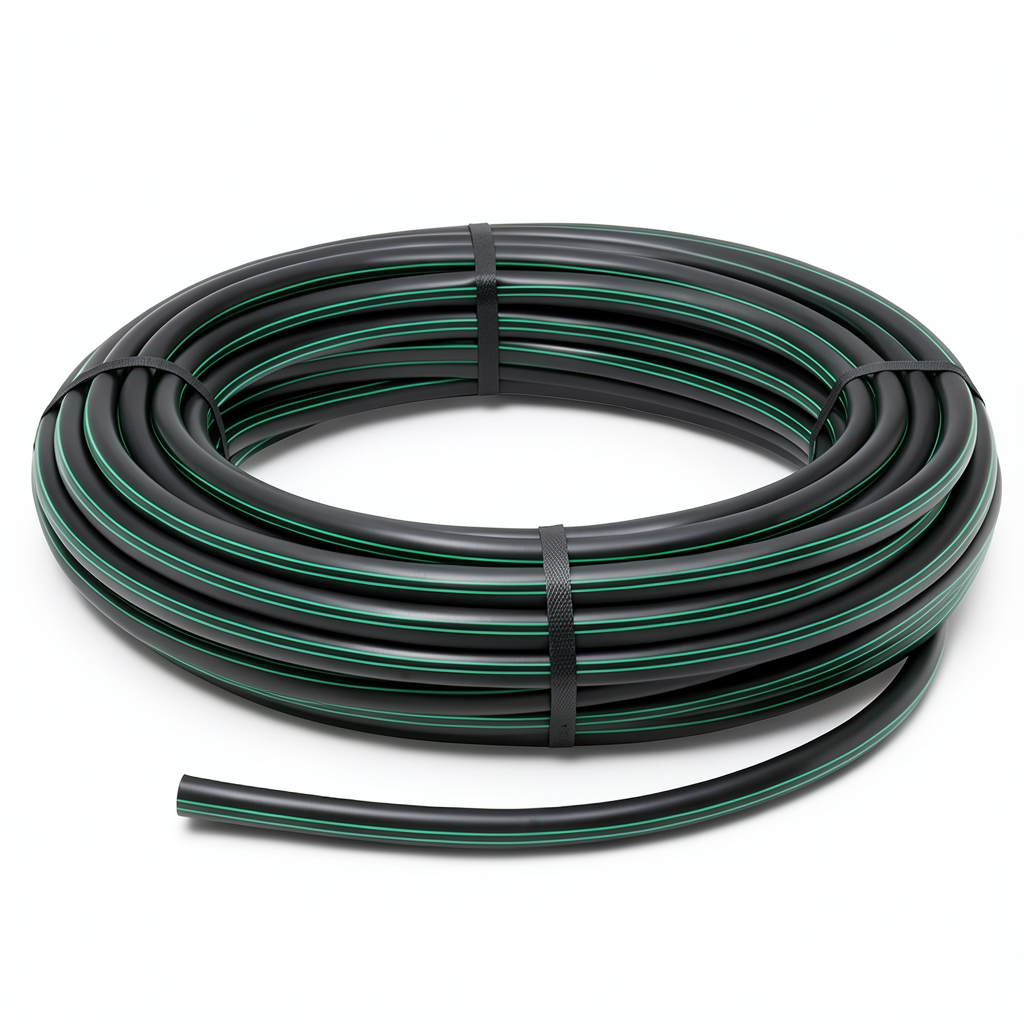 لفة أنابيب HDPE ضغط 10 بار [PE 63] قطر خارجي 90 مم SDR 11 أسود مع خط أخضر