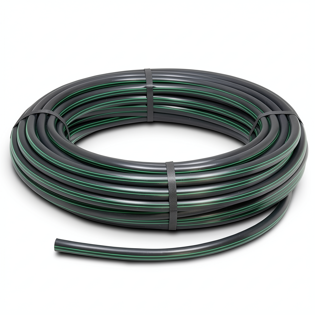 HDPE Plastic Coil Pipe PN 15.9 Bar PE 63 OD 75 mm SDR 7.4 Black with Green Stripes