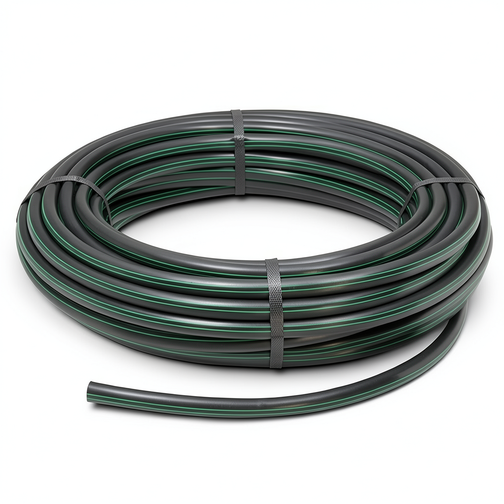 HDPE Plastic Coil Pipe Nominal Pressure 15.9 Bar PE63 OD 90 mm SDR 7.4 Black with Green Stripes