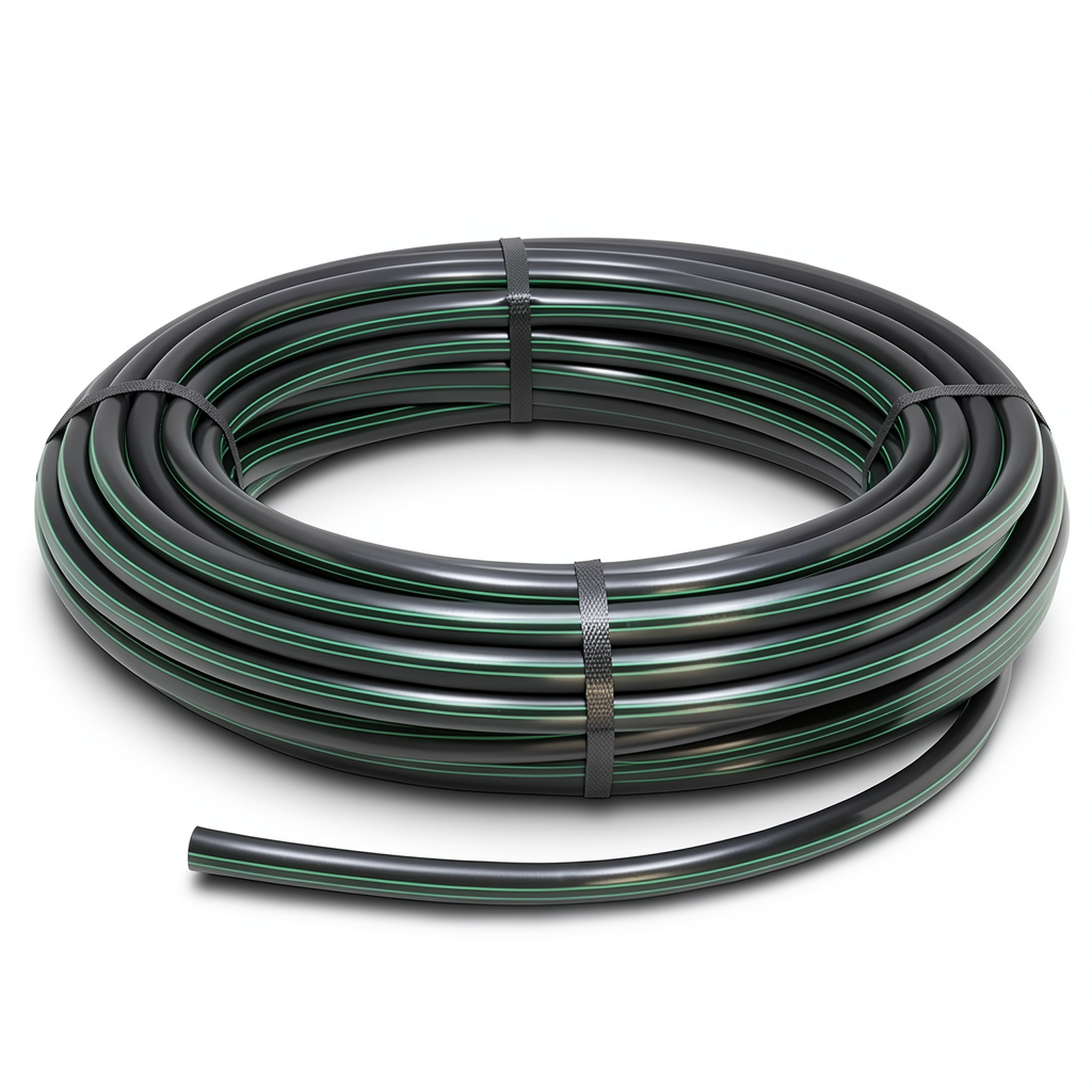 لفة أنابيب HDPE ضغط 15.9 بار PE 63 قطر خارجي 20 مم SDR 7.4 أسود مع خطوط خضراء