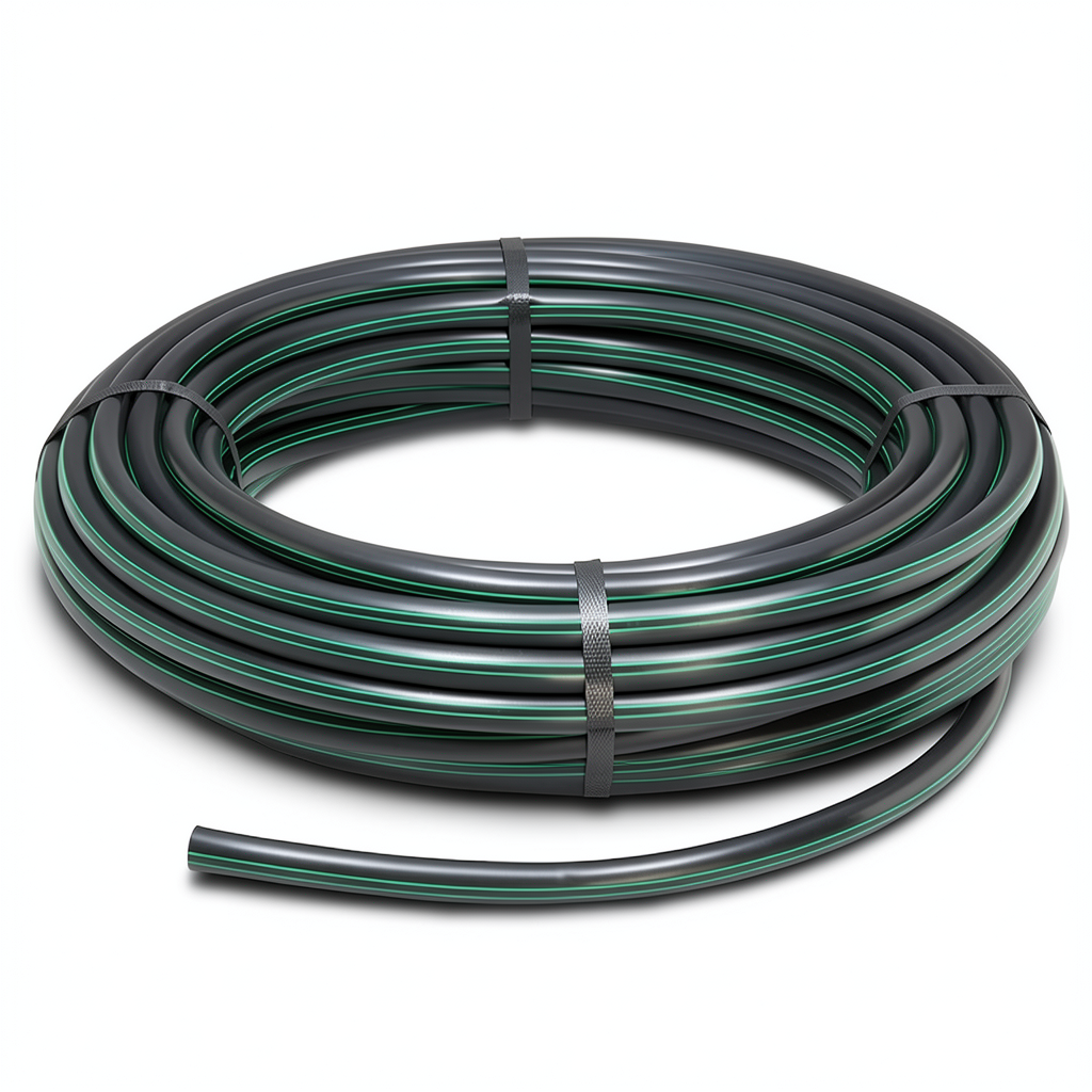 HDPE Plastic Coil Pipe PN 15.9 Bar PE 63 OD 32 mm SDR 7.4 Black with Green Stripes