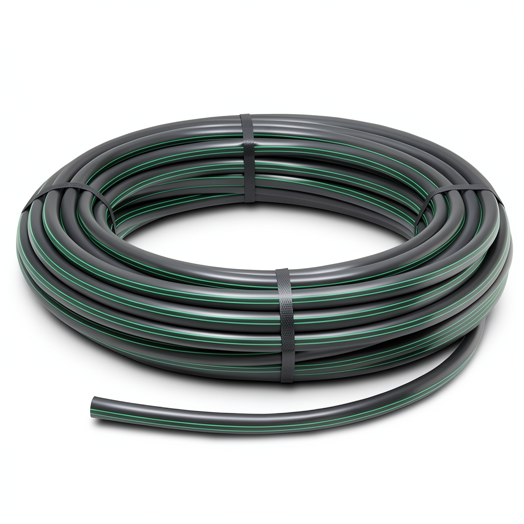 لفة أنابيب HDPE ضغط اسمي 3.9 بار PE63 قطر خارجي 50 مم SDR 21 أسود مع خطوط خضراء