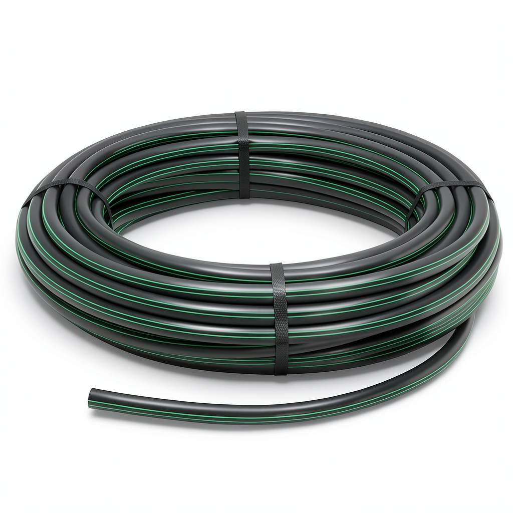 لفة أنابيب بلاستيك HDPE ضغط 3.9 بار PE 63، قطر خارجي 75 مم SDR 21 أسود مع خطوط خضراء