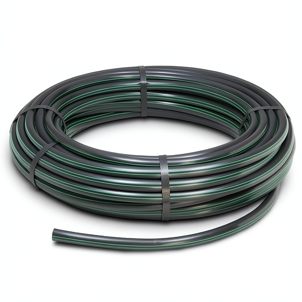 HDPE Plastic Coil Pipe PN 3.9 Bar PE 63, 125 mm Diameter, SDR 21 Black/Green