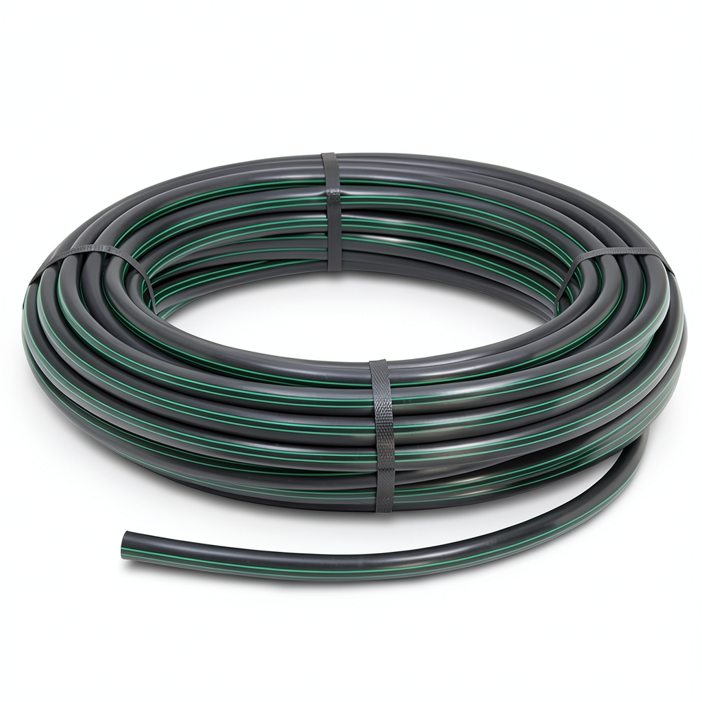 لفة أنابيب بلاستيك HDPE ضغط 3.9 بار PE 63 قطر خارجي 160 مم SDR 21 أسود مع خطوط خضراء