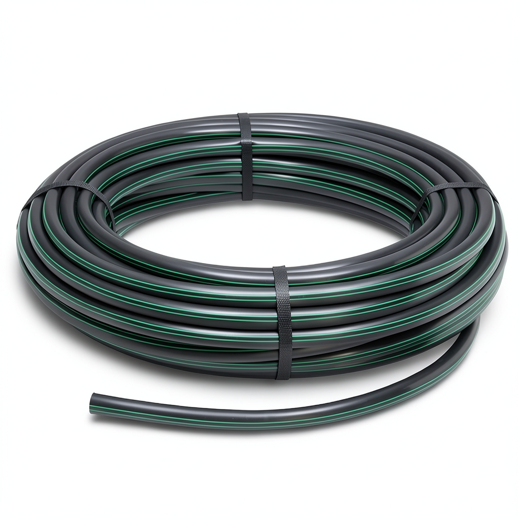 لفة أنابيب HDPE ضغط 6.2 بار PE63 قطر خارجي 25 مم SDR 13.6 أسود مع خطوط خضراء
