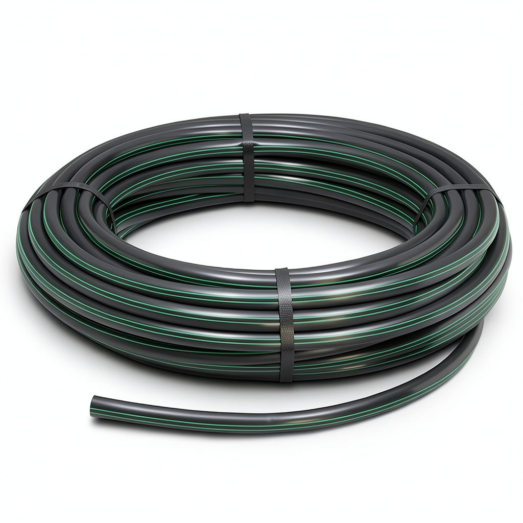 HDPE Plastic Coil Pipe Nominal Pressure 15.9 Bar PE 63, 140 mm SDR 7.4 Black with Green Stripes