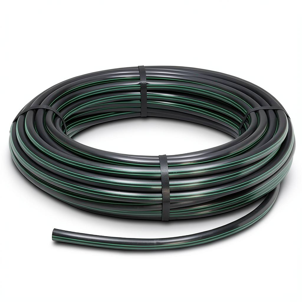 لفة أنابيب HDPE ضغط اسمي 3.9 بار PE63 قطر خارجي 50 مم SDR 21 أسود مع خطوط خضراء