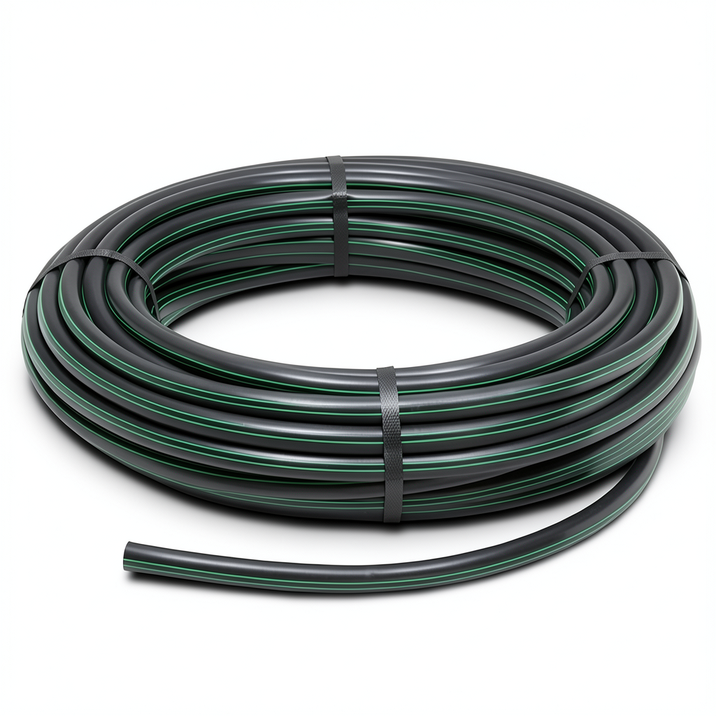 لفة أنابيب بلاستيك HDPE ضغط 3.9 بار PE 63 قطر خارجي 63 مم SDR 21 أسود مع خطوط خضراء