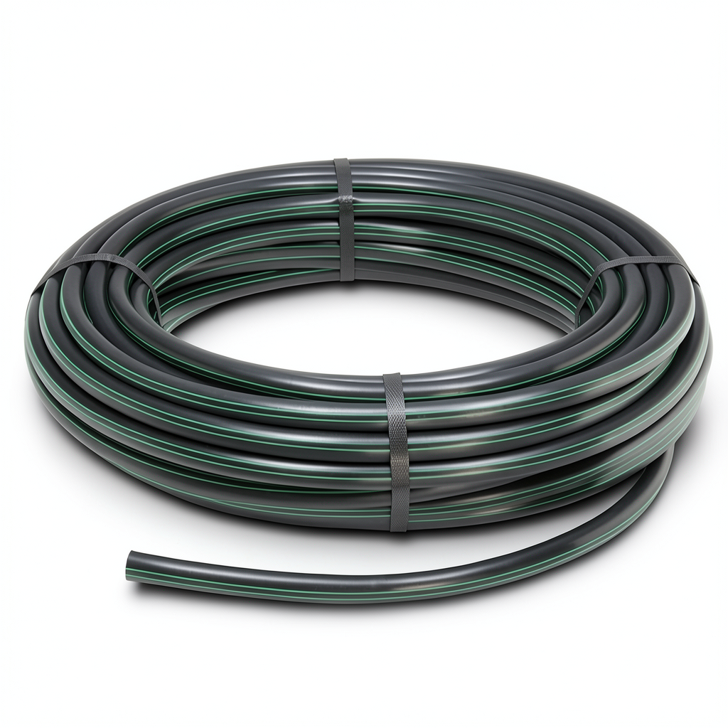 لفة أنابيب بلاستيك HDPE ضغط 3.9 بار PE 63، قطر خارجي 75 مم SDR 21 أسود مع خطوط خضراء