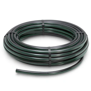 لفة أنابيب HDPE ضغط اسمي 3.9 بار PE63 قطر خارجي 90 مم SDR 21 لون أسود مع خطوط خضراء