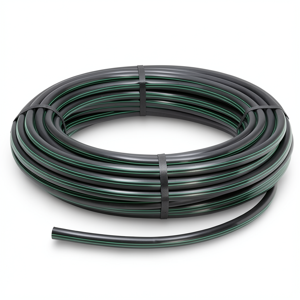 لفة أنابيب HDPE ضغط اسمي 3.9 بار PE63 قطر خارجي 90 مم SDR 21 لون أسود مع خطوط خضراء