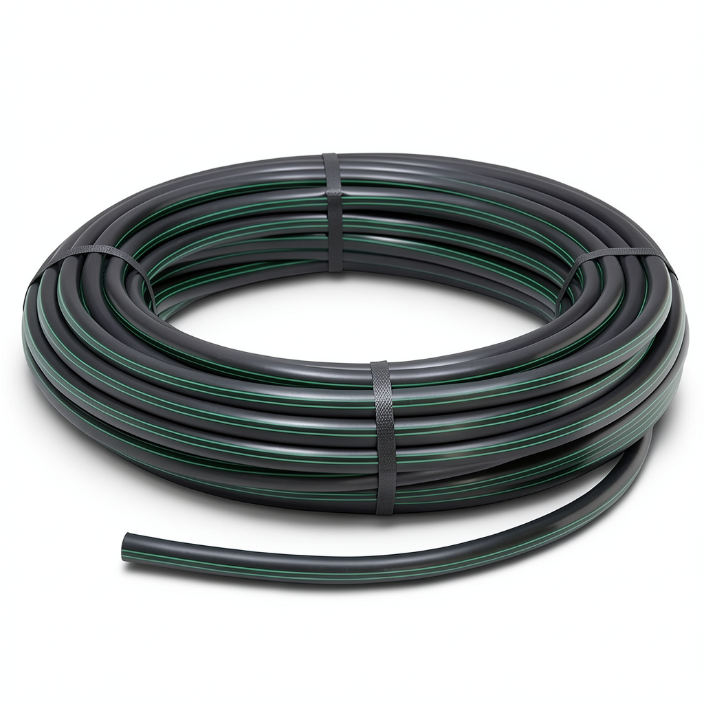 لفة أنابيب بلاستيك HDPE ضغط 3.9 بار PE 63 قطر خارجي 140 مم SDR 21 أسود مع خطوط خضراء