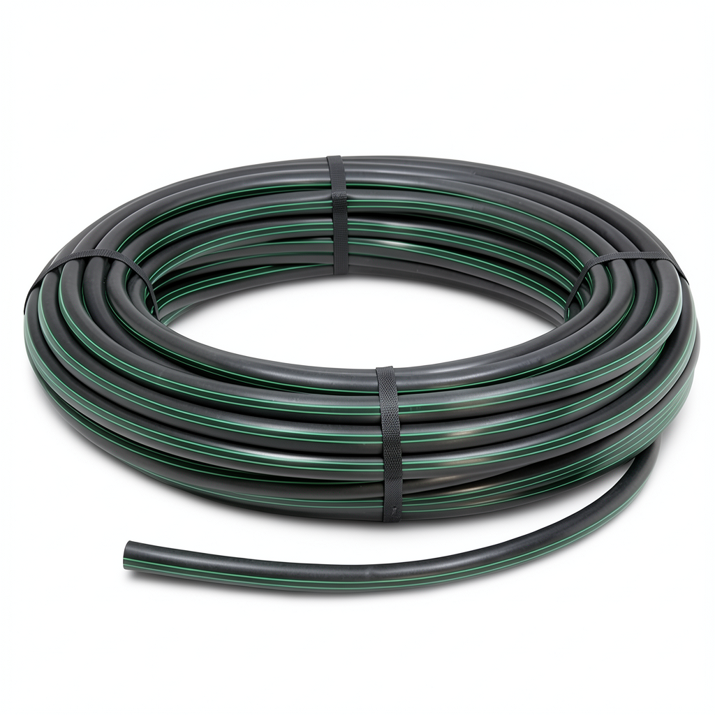 لفة أنابيب HDPE ضغط 6.2 بار PE 63 قطر خارجي 140 مم SDR 13.6 أسود مع خطوط خضراء