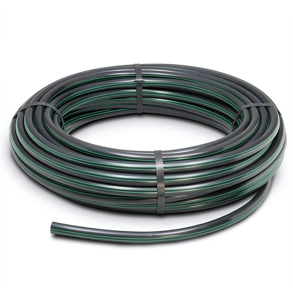 HDPE Plastic Coil Pipe PN 9.8 Bar PE 63 OD 16 mm SDR 9 Black with Green Stripes