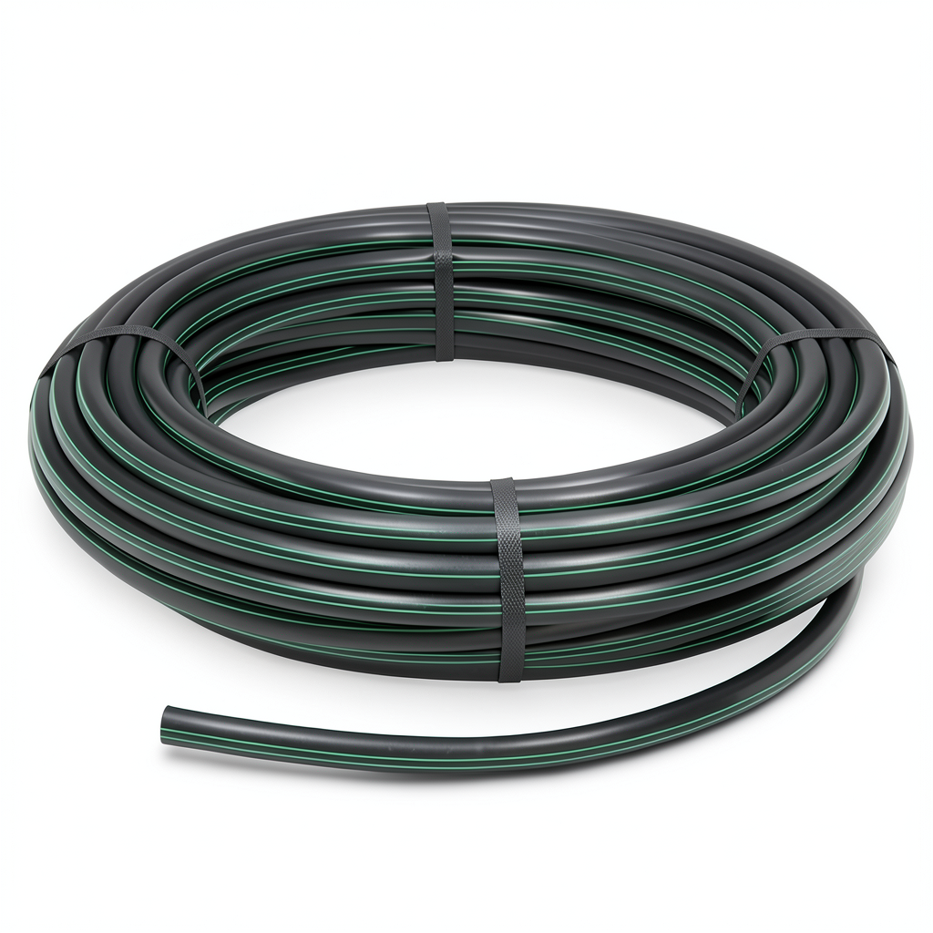 HDPE Plastic Coil Pipe Nominal Pressure 6.2 Bar PE 63, 90 mm SDR 13.6 Black with Green Stripes