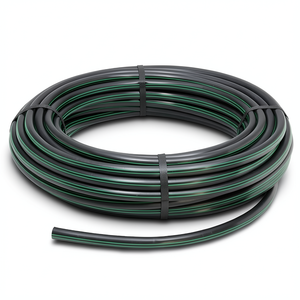 لفة أنابيب بلاستيك HDPE ضغط 6.2 بار PE63 110 مم SDR 13.6 أسود مع خطوط خضراء