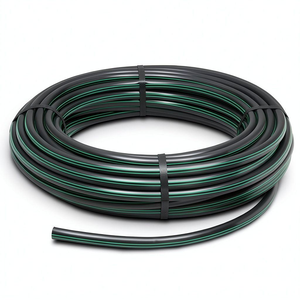 لفة أنابيب HDPE ضغط 6.2 بار PE 63 قطر خارجي 140 مم SDR 13.6 أسود مع خطوط خضراء
