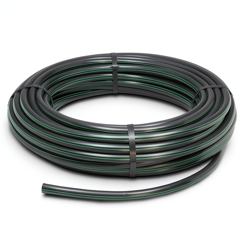 HDPE Plastic Coil Pipe Nominal Pressure 6.2 Bar PE 63 Outside Diameter 160 mm SDR 13.6 Black with Green Stripes