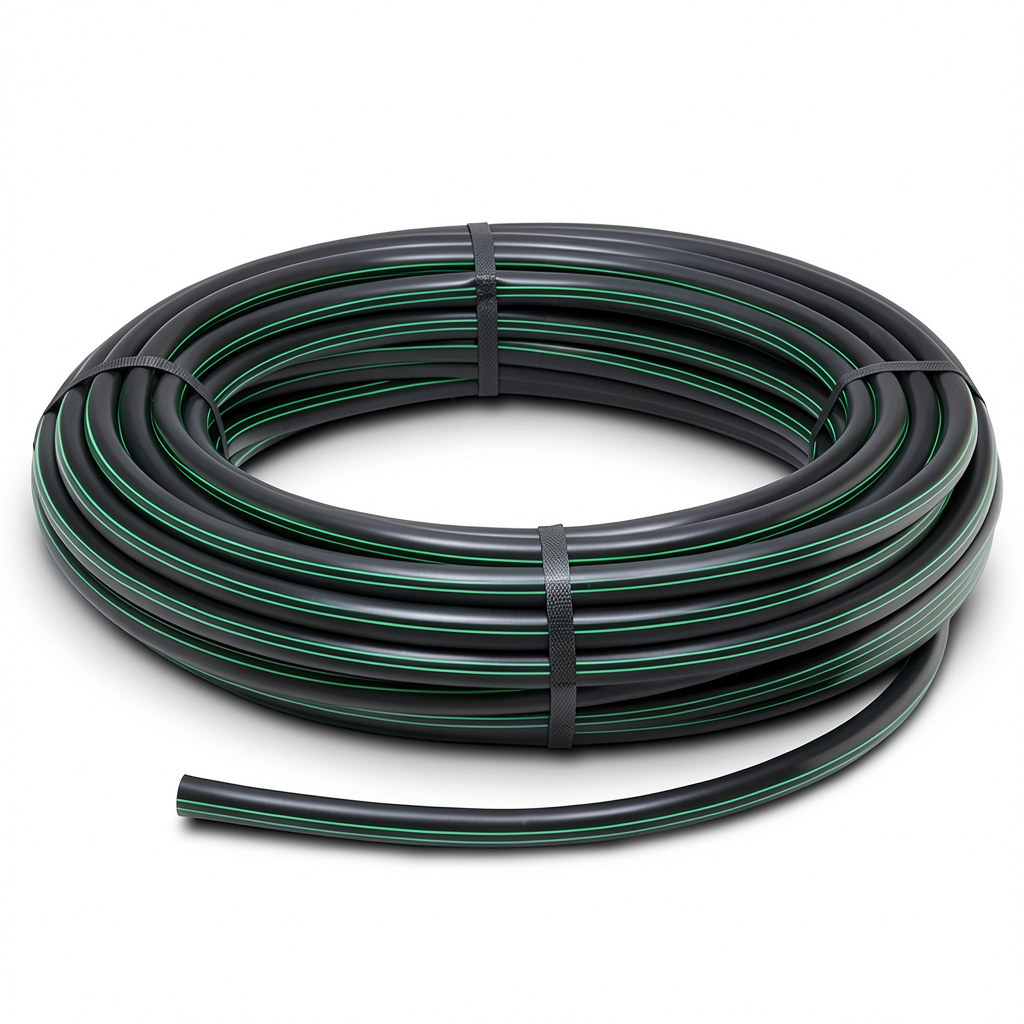 لفة أنابيب HDPE ضغط 9.8 بار PE 63 قطر خارجي 20 مم SDR 9 لون أسود مع خط أخضر