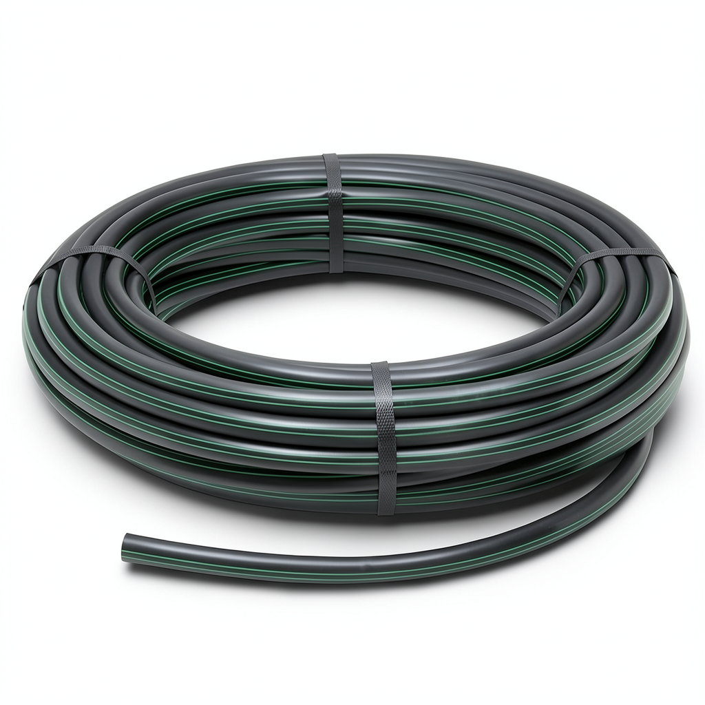 لفة أنابيب HDPE ضغط اسمي 9.8 بار PE63 قطر خارجي 50 مم SDR 9 أسود مع خطوط خضراء