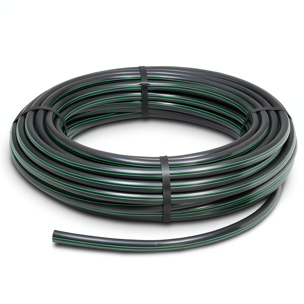لفة أنابيب بلاستيك HDPE ضغط 9.8 بار PE 63 قطر خارجي 32 مم SDR 9 أسود مع خطوط خضراء