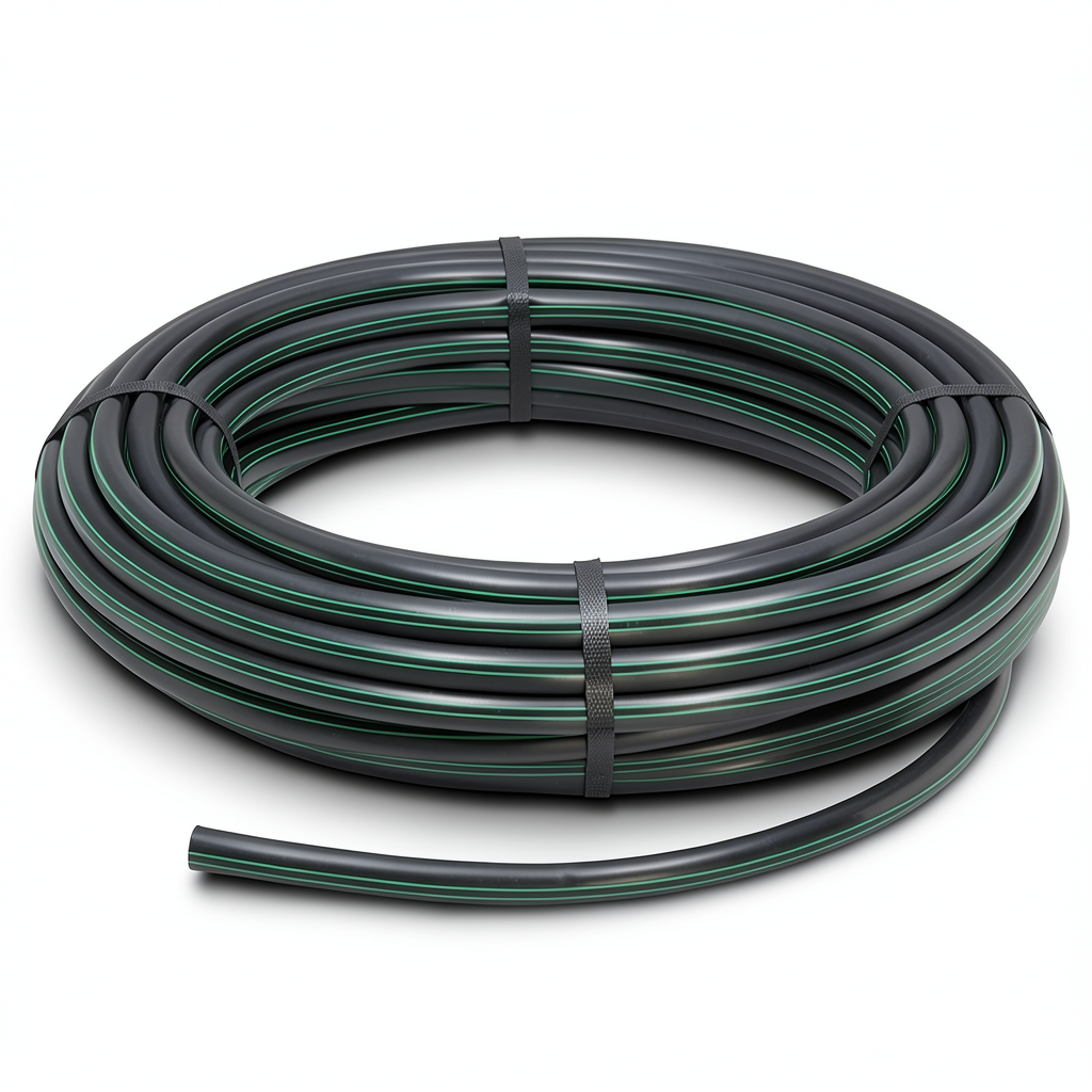 لفة أنابيب HDPE ضغط اسمي 9.8 بار PE63 قطر خارجي 50 مم SDR 9 أسود مع خطوط خضراء