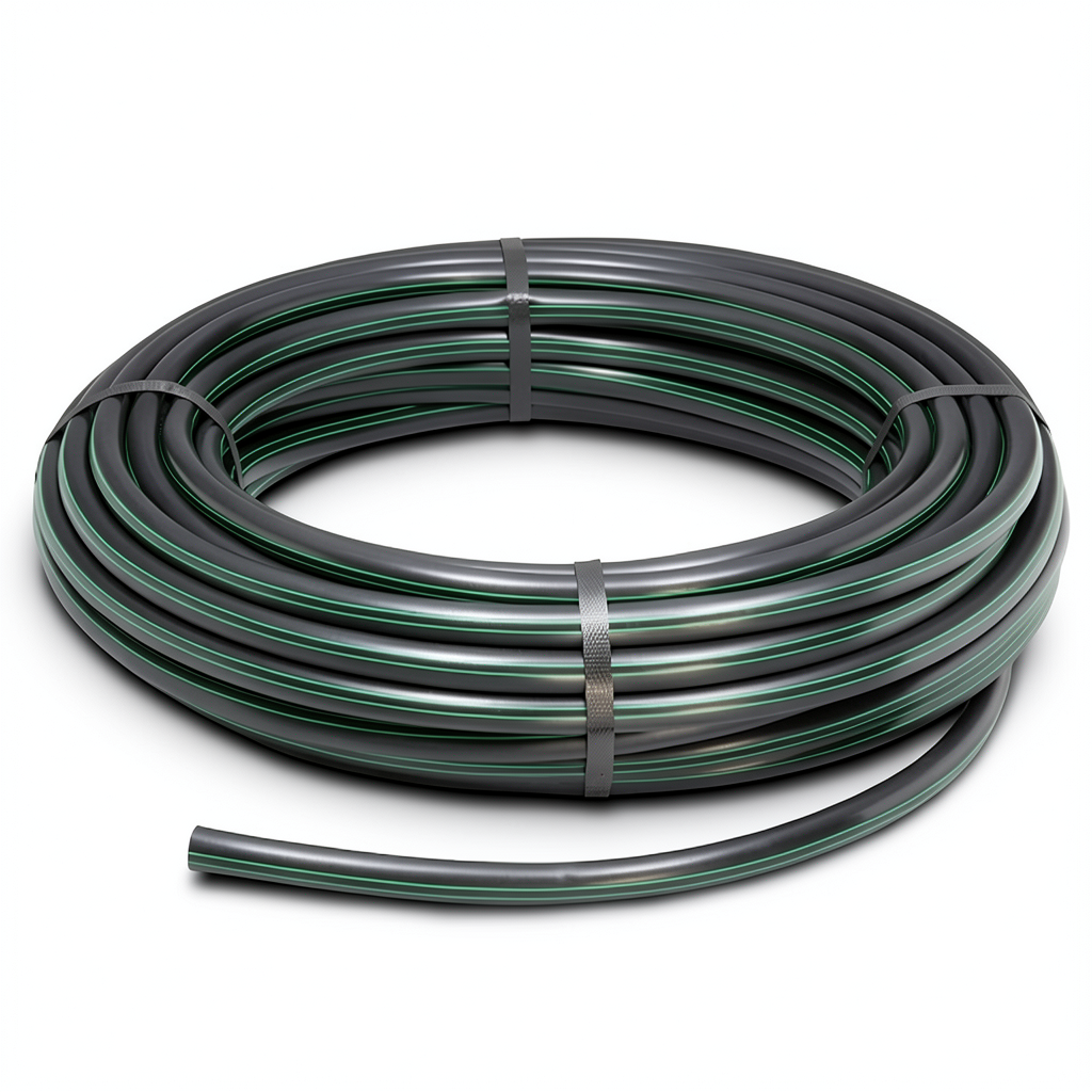 HDPE Plastic Coil Pipe Nominal Pressure 9.8 Bar PE63 63 mm SDR 9 Black with Green Stripes