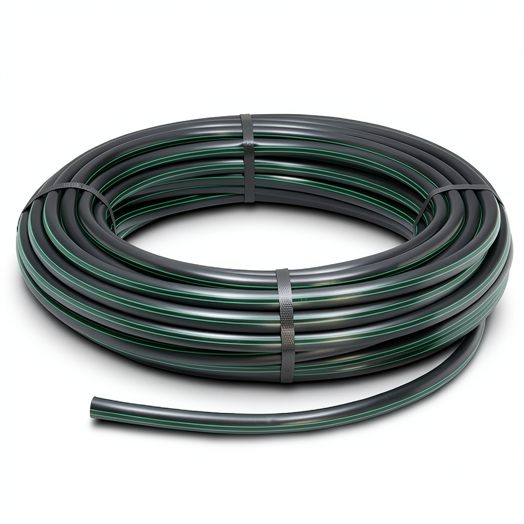 HDPE Plastic Coil Pipe PN 9.8 Bar PE 63, 125 mm Diameter, Black with Green Stripes