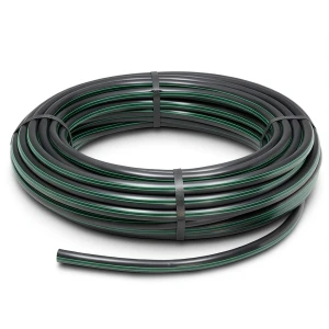 لفة أنابيب بلاستيك HDPE ضغط 9.8 بار PE 63، قطر خارجي 140 مم SDR 9 أسود مع خطوط خضراء