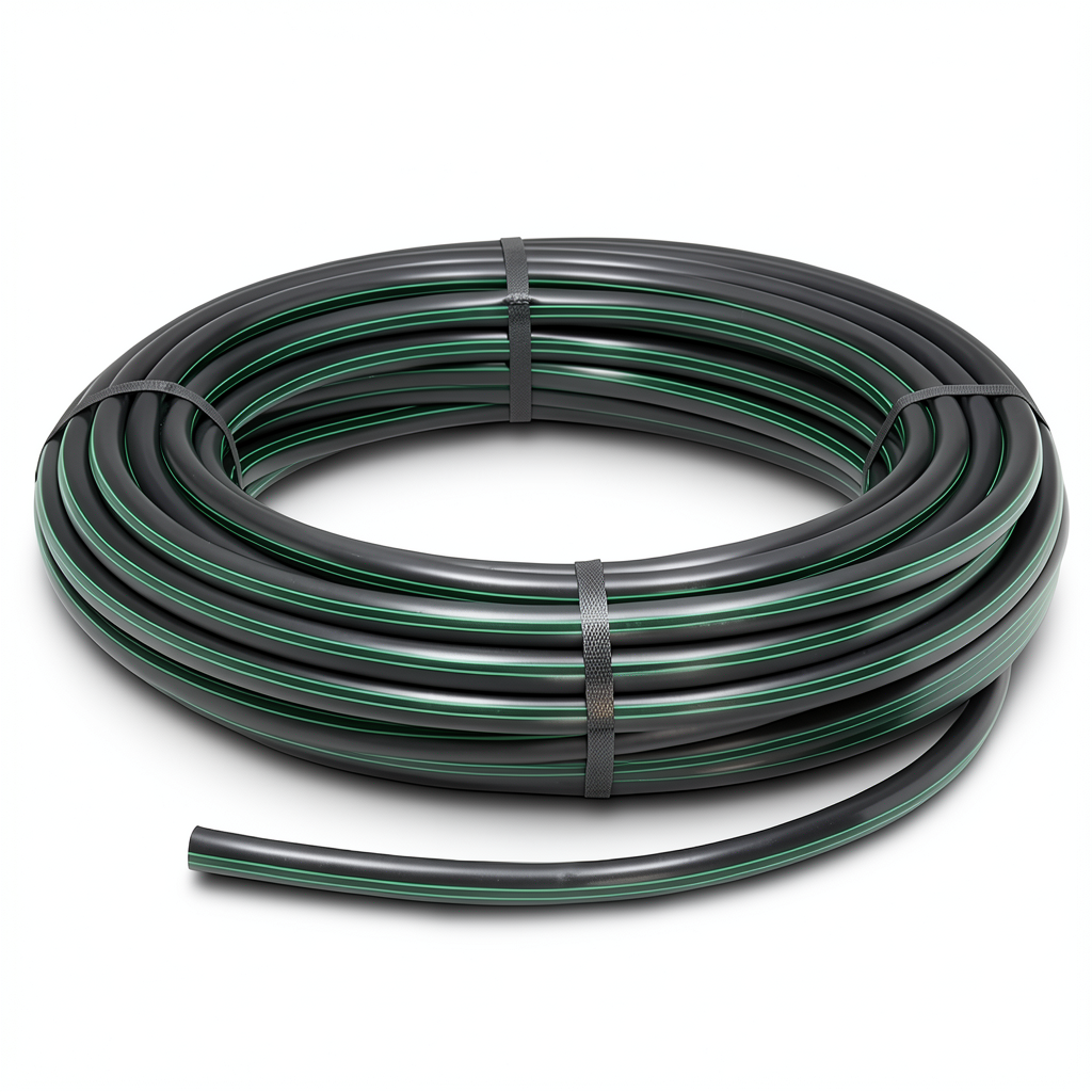 لفة أنابيب بلاستيك HDPE ضغط 9.8 بار PE 63، قطر خارجي 140 مم SDR 9 أسود مع خطوط خضراء