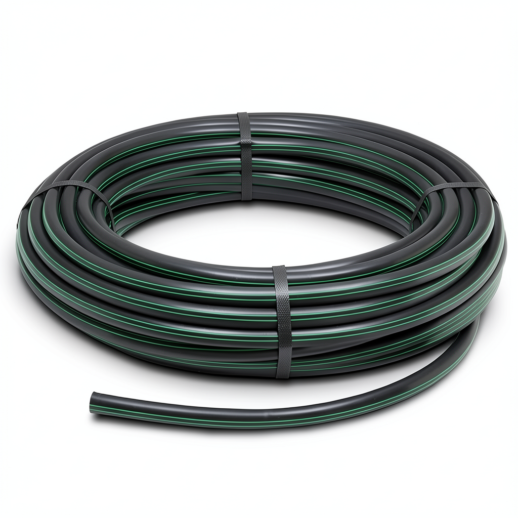 لفة أنابيب HDPE ضغط 15.7 بار PE 63 قطر خارجي 20 مم SDR 6 أسود مع خطوط خضراء