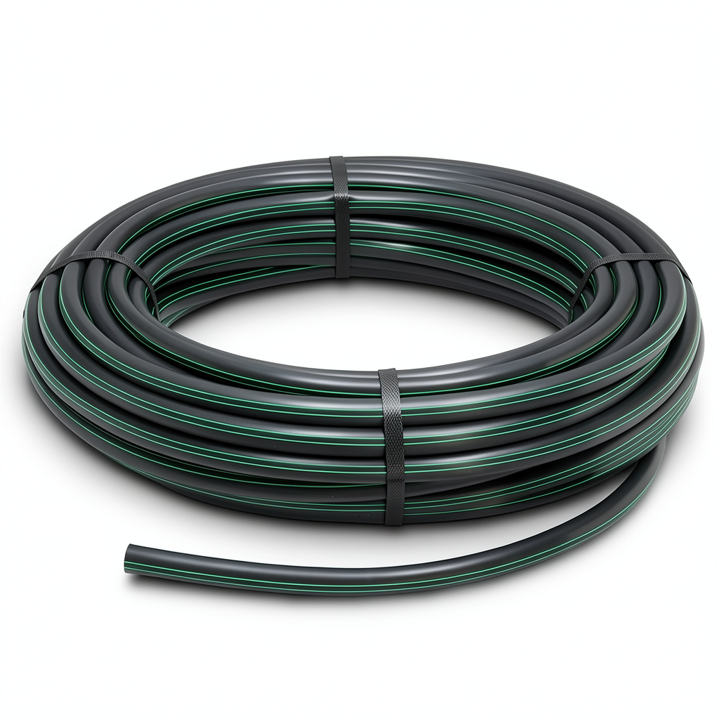 لفة أنابيب بلاستيك HDPE ضغط 15.7 بار PE 63 قطر خارجي 32 مم SDR 6 أسود مع خطوط خضراء