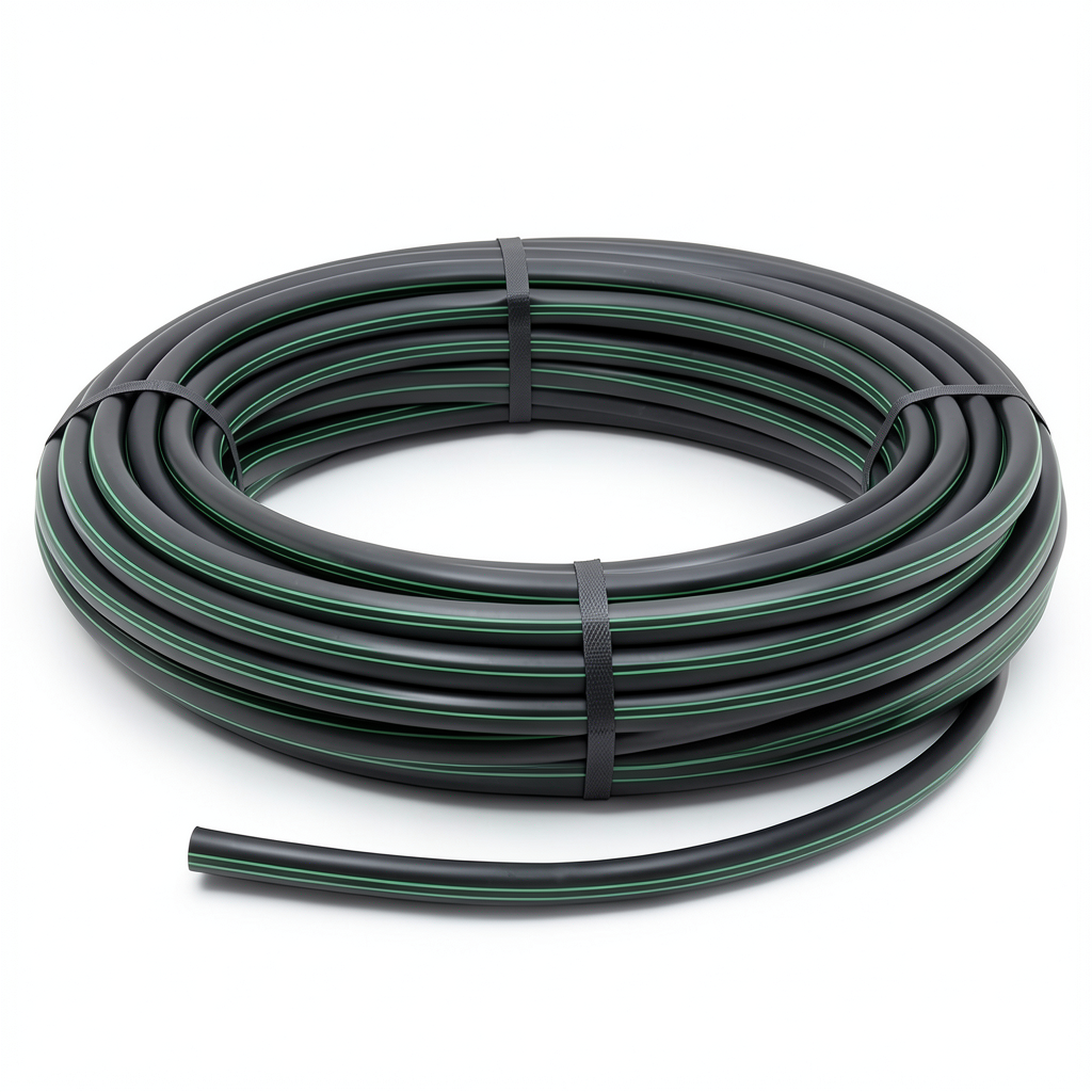 لفة أنابيب HDPE ضغط 15.7 بار PE 63 قطر خارجي 50 مم SDR 6 أسود مع خط أخضر