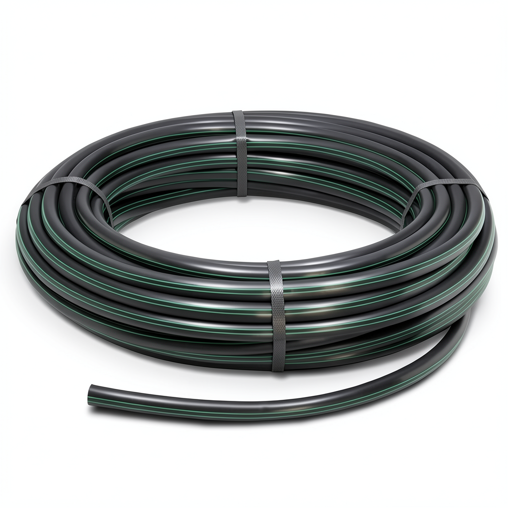 HDPE Plastic Coil Pipe PN 15.7 Bar PE 63, 140 mm Diameter SDR 6 Black with Green Stripes