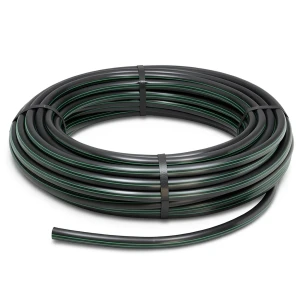 HDPE Plastic Coil Pipe PN 9.8 Bar PE 63, 125 mm Diameter, Black with Green Stripes