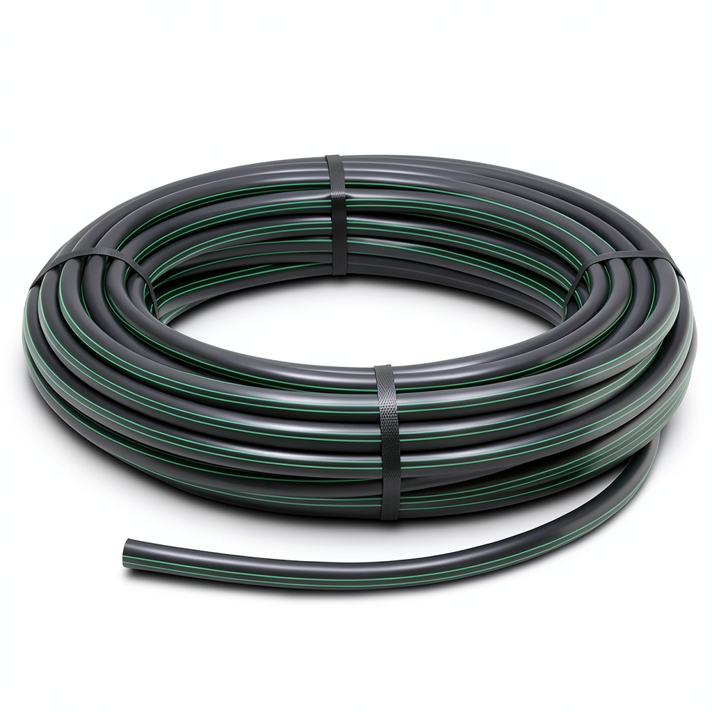 لفة أنابيب بلاستيك HDPE ضغط 9.8 بار PE 63، قطر خارجي 140 مم SDR 9 أسود مع خطوط خضراء